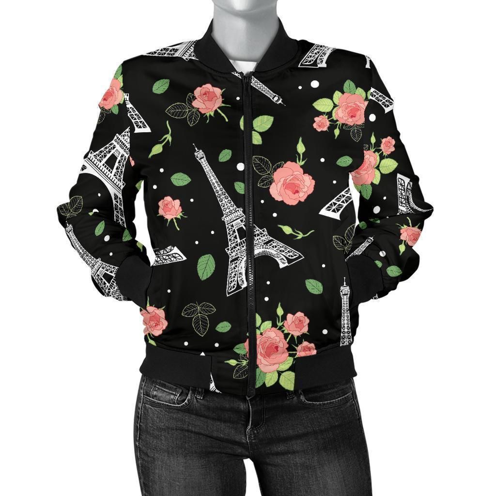 Eiffel-Tower-Floral-Print-Pattern-Women-Casual-Bomber-Jacket-1