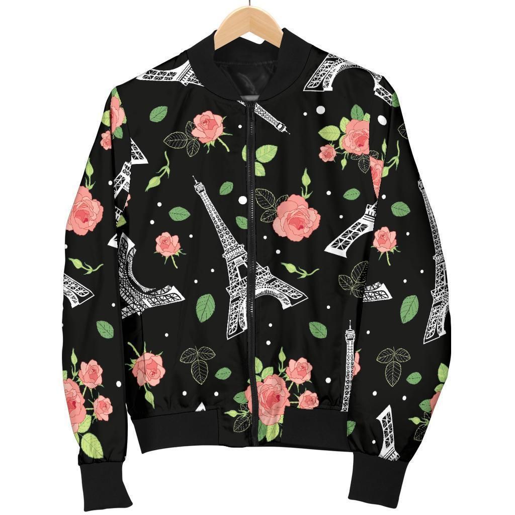 Eiffel Tower Floral Print Pattern Women Casual Bomber Jacket Eiffel Tower Floral Print Pattern Women Casual Bomber Jacket