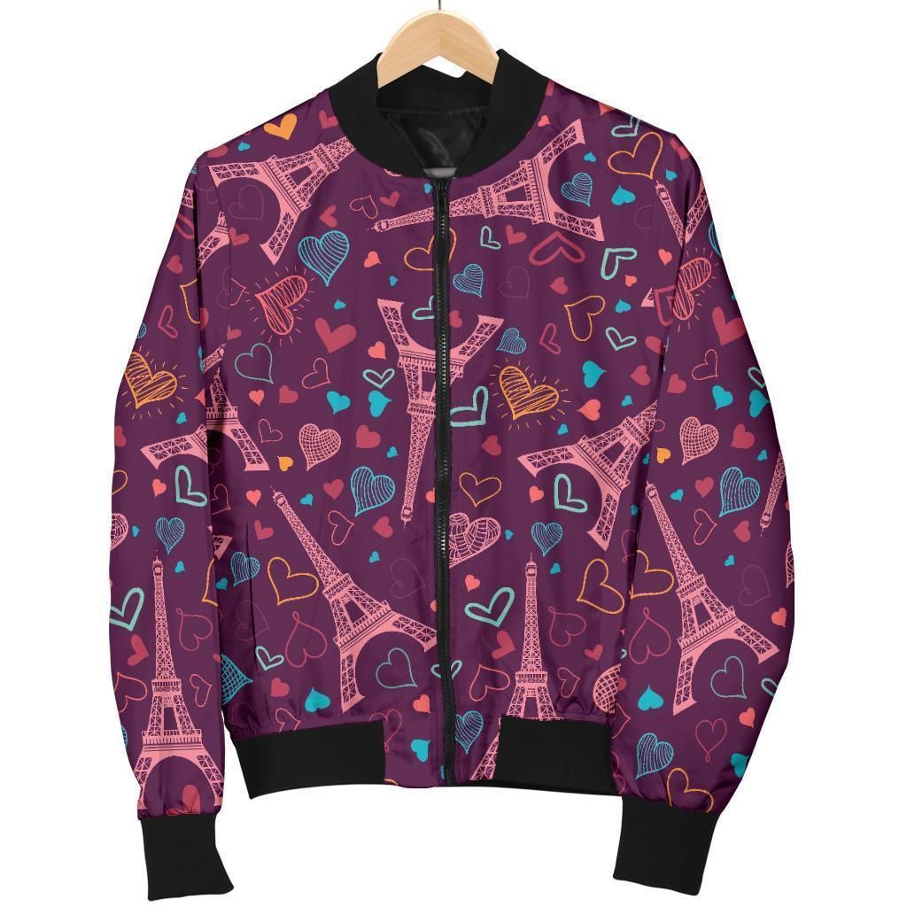 Eiffel Tower Heart Pattern Print Women Casual Bomber Jacket Eiffel Tower Heart Pattern Print Women Casual Bomber Jacket