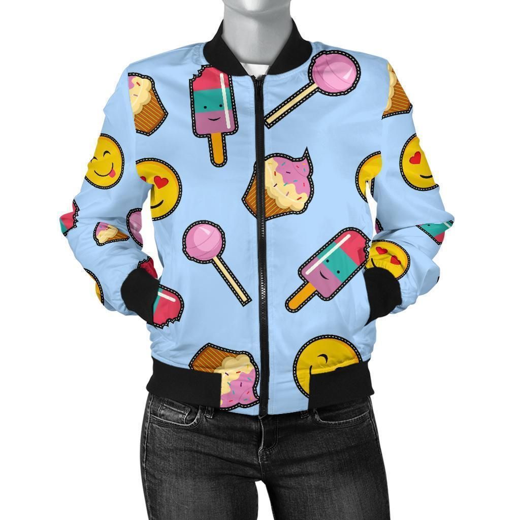 Emoji-Dessert-Pattern-Print-Women-Casual-Bomber-Jacket-1