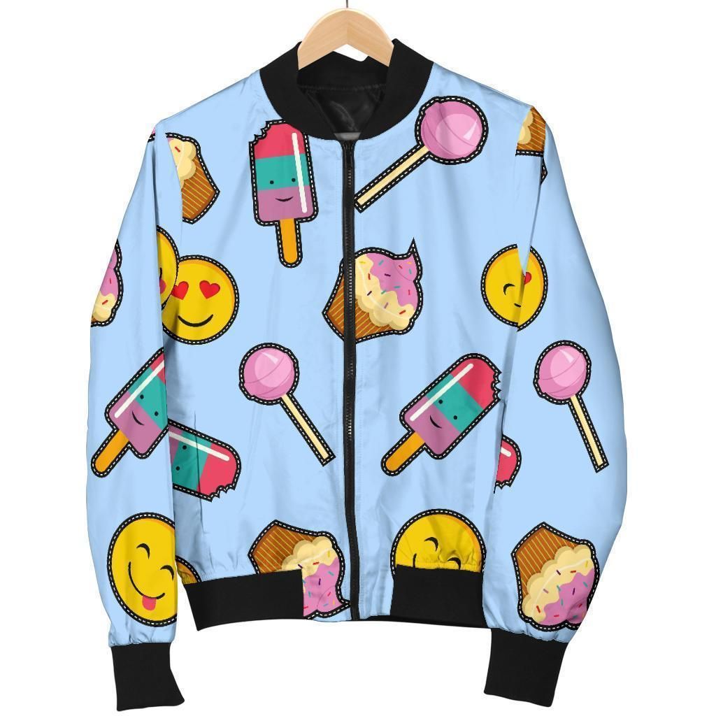 Emoji Dessert Pattern Print Women Casual Bomber Jacket Emoji Dessert Pattern Print Women Casual Bomber Jacket
