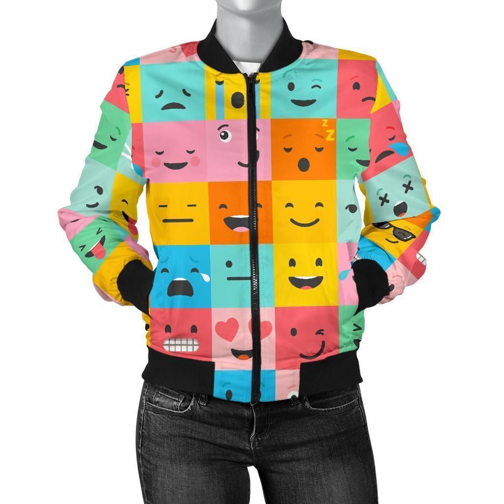 Emoji-Pattern-Print-Women-Casual-Bomber-Jacket-1