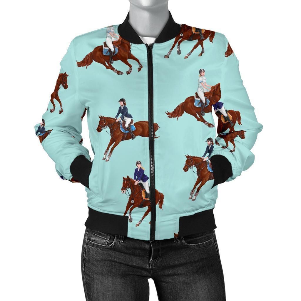 Equestrian-Print-Pattern-Women-Casual-Bomber-Jacket-1