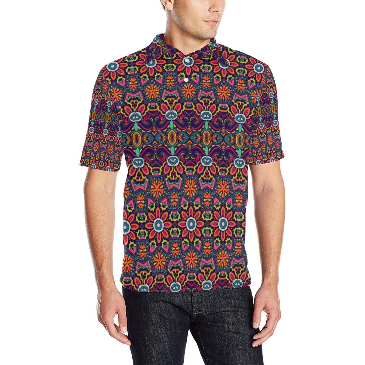 Ethnic Flower Style Print Pattern Men Polo Shirt Ethnic Flower Style Print Pattern Men Polo Shirt