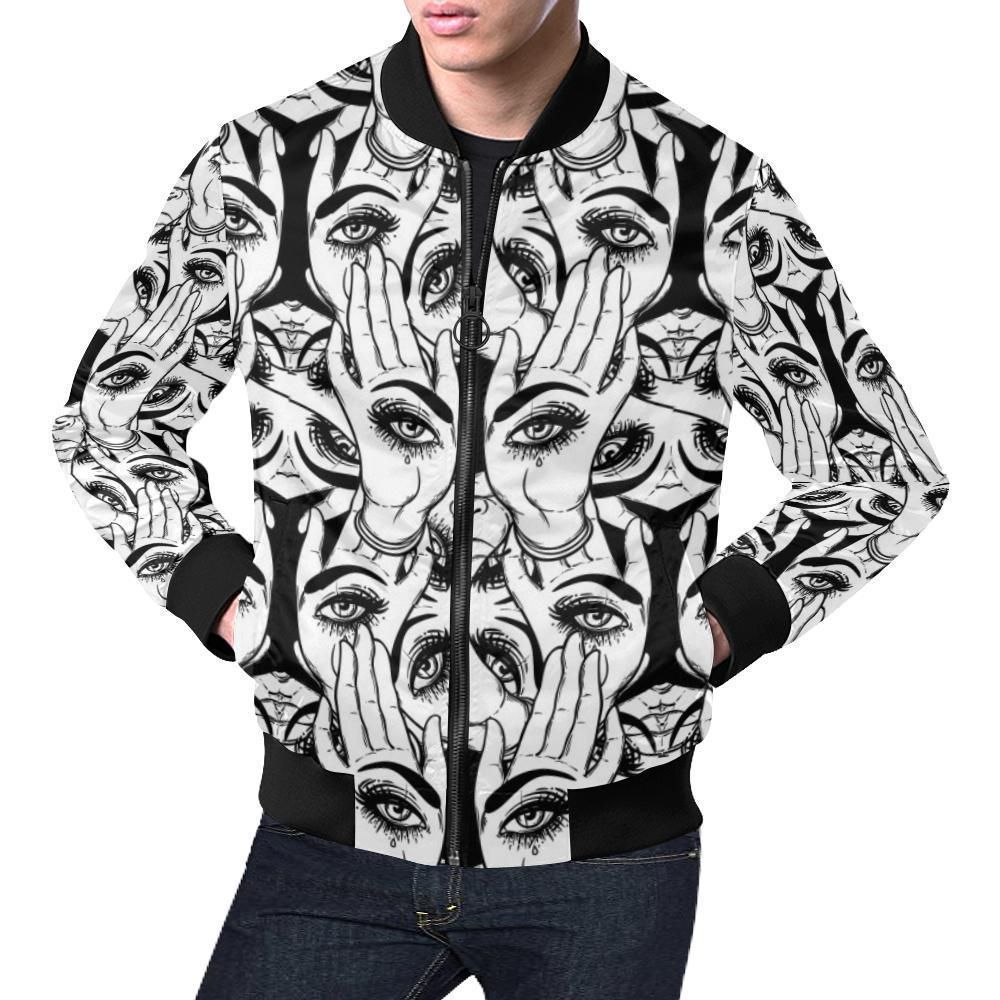Evil Eye Hamsa Hand Pattern Print Mens Bomber Jacket Evil Eye Hamsa Hand Pattern Print Mens Bomber Jacket