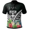FIji Polo Shirt - FIji Coat of Arms & Polynesian Tropical Flowers White - BN22
