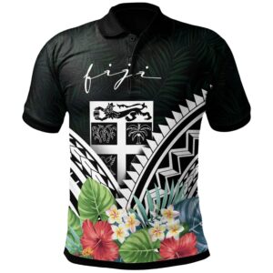 FIji Polo Shirt - FIji Coat of Arms & Polynesian Tropical Flowers White - BN22