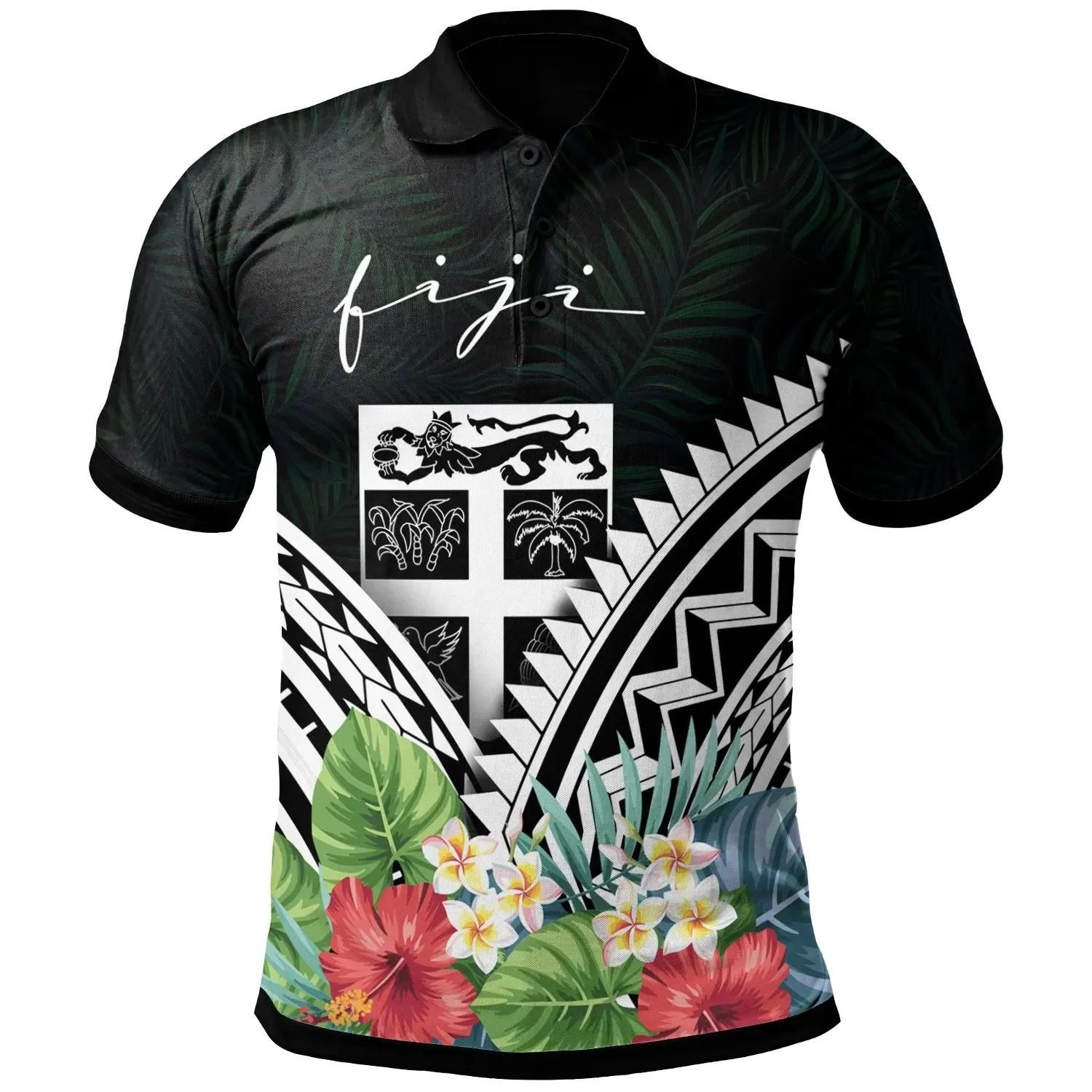 FIji Polo Shirt - FIji Coat of Arms & Polynesian Tropical Flowers White - BN22 FIji Polo Shirt - FIji Coat of Arms & Polynesian Tropical Flowers White - BN22