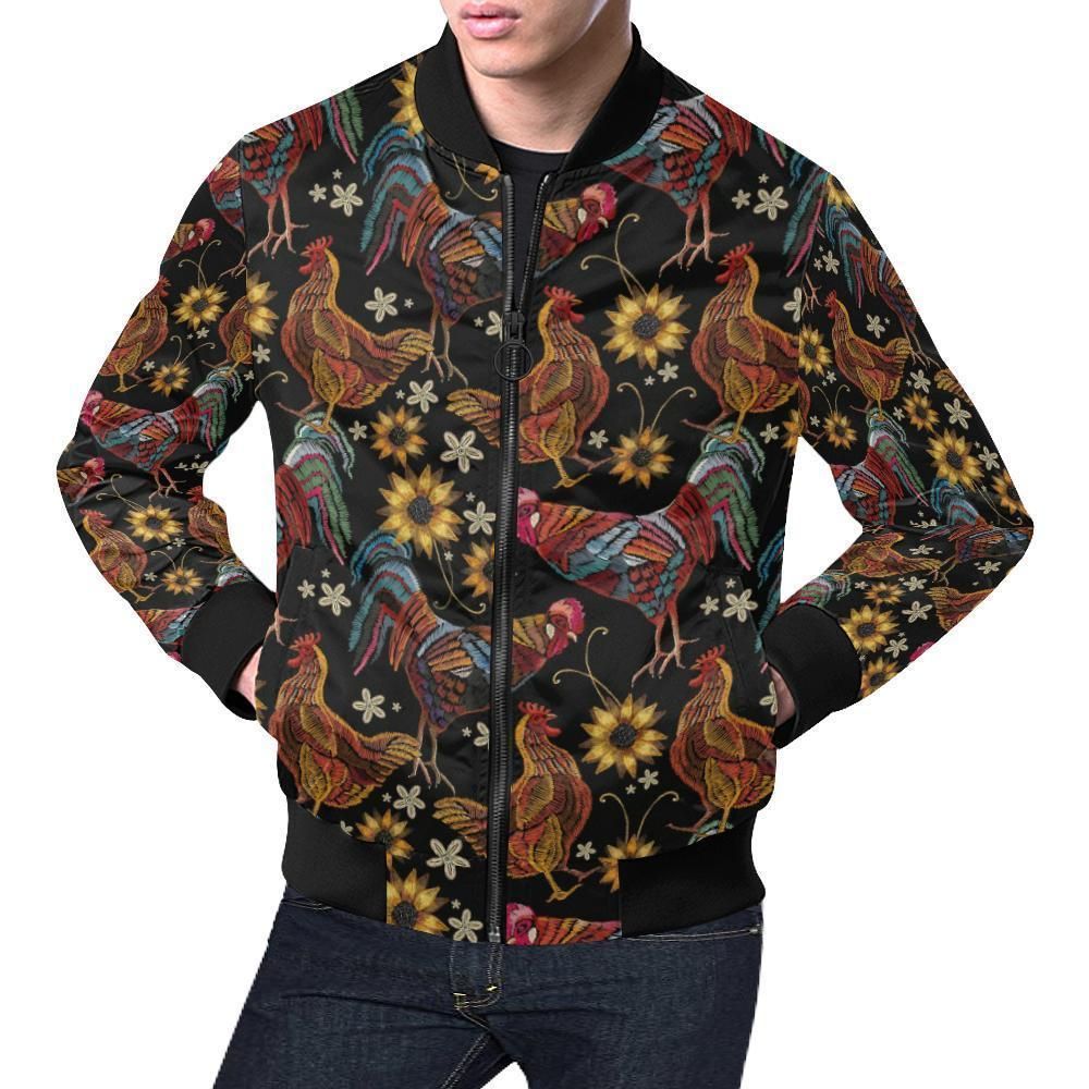 Farm Chicken Hen Flower Pattern Print Mens Bomber Jacket Farm Chicken Hen Flower Pattern Print Mens Bomber Jacket