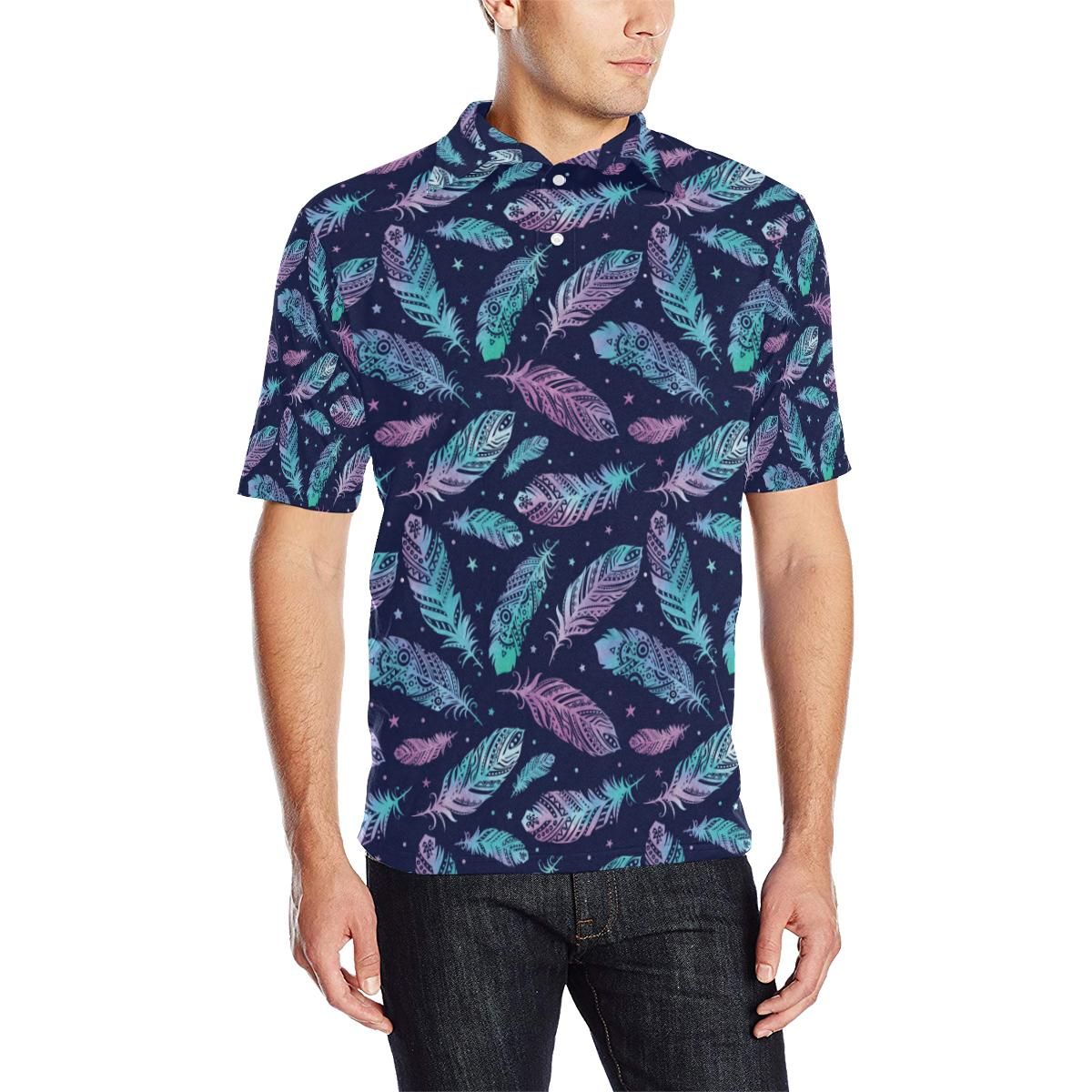 Feather Aztec Design Print Men Polo Shirt Feather Aztec Design Print Men Polo Shirt