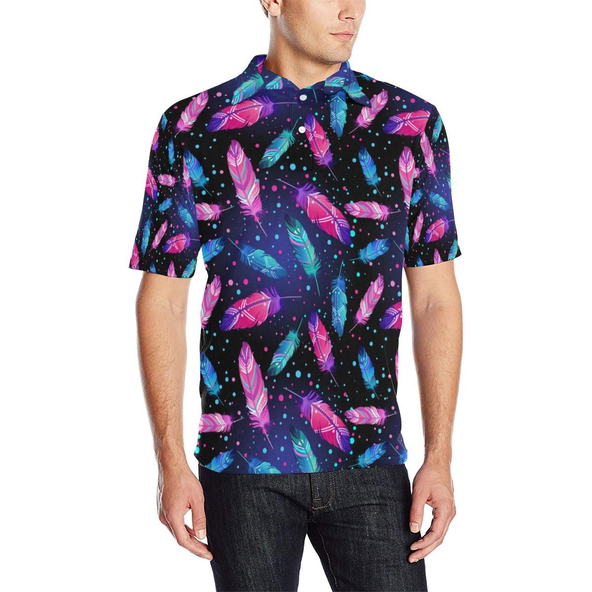 Feather Colorful Boho Design Print Men Polo Shirt Feather Colorful Boho Design Print Men Polo Shirt