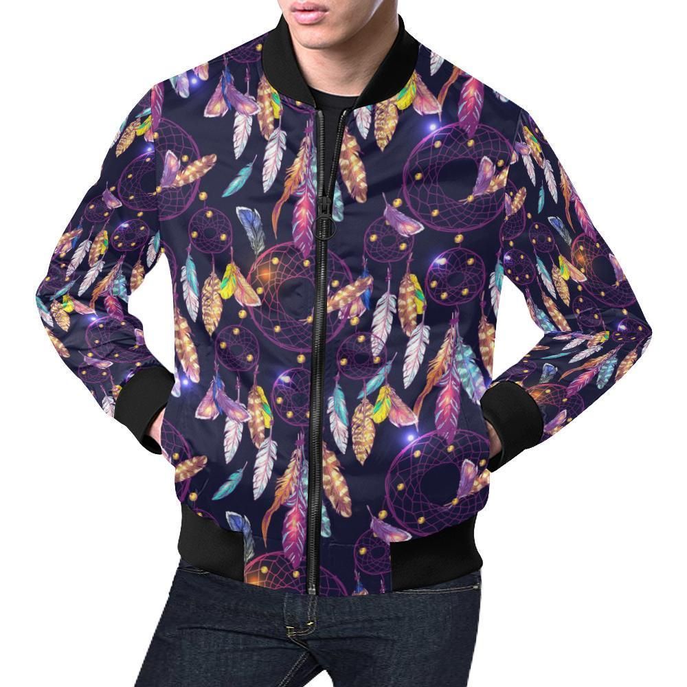 Feather Dream Catcher Vintage Pattern Print Mens Bomber Jacket Feather Dream Catcher Vintage Pattern Print Mens Bomber Jacket