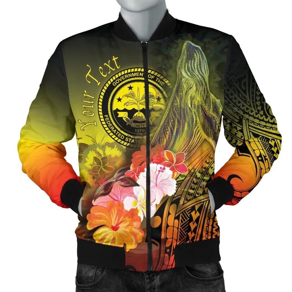 Federated States of Micronesia Custom Personalised Men's Bomber Jackets - Humpback Whale with Tropical Flowers (Yellow)- BN18 Bomber Jacket Federated States of Micronesia Custom Personalised Men's Bomber Jackets - Humpback Whale with Tropical Flowers (Yellow)- BN18 Bomber Jacket