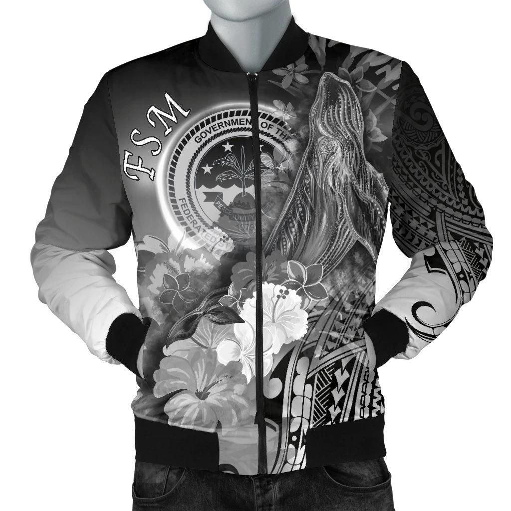 Federated States of Micronesia Men's Bomber Jackets - Humpback Whale with Tropical Flowers (White)- BN18 Bomber Jacket Federated States of Micronesia Men's Bomber Jackets - Humpback Whale with Tropical Flowers (White)- BN18 Bomber Jacket