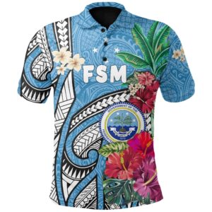 Federated States of Micronesia Polo Shirt Blue Polynesian with Hibiscus TH5