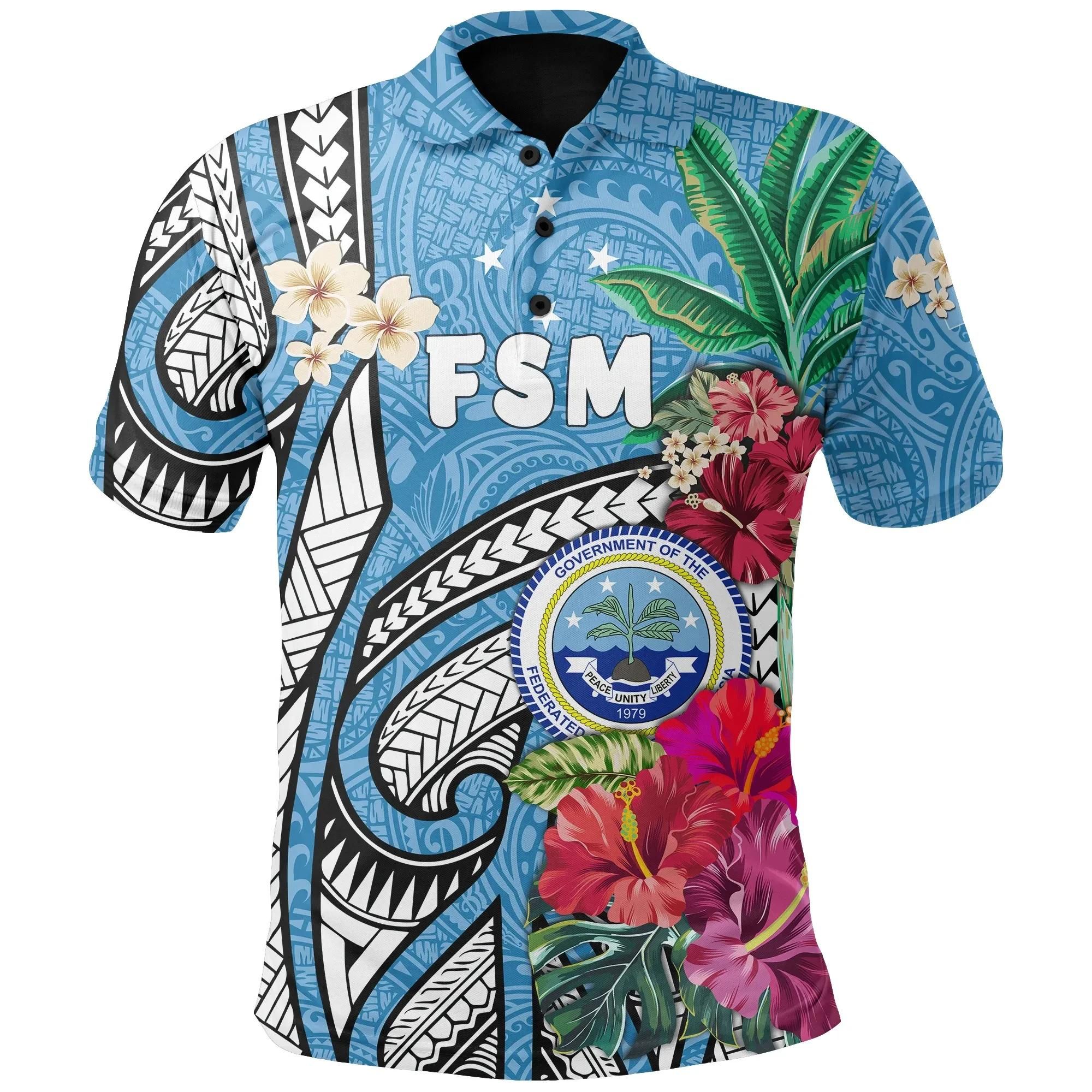 Federated States of Micronesia Polo Shirt Blue Polynesian with Hibiscus TH5 Federated States of Micronesia Polo Shirt Blue Polynesian with Hibiscus TH5