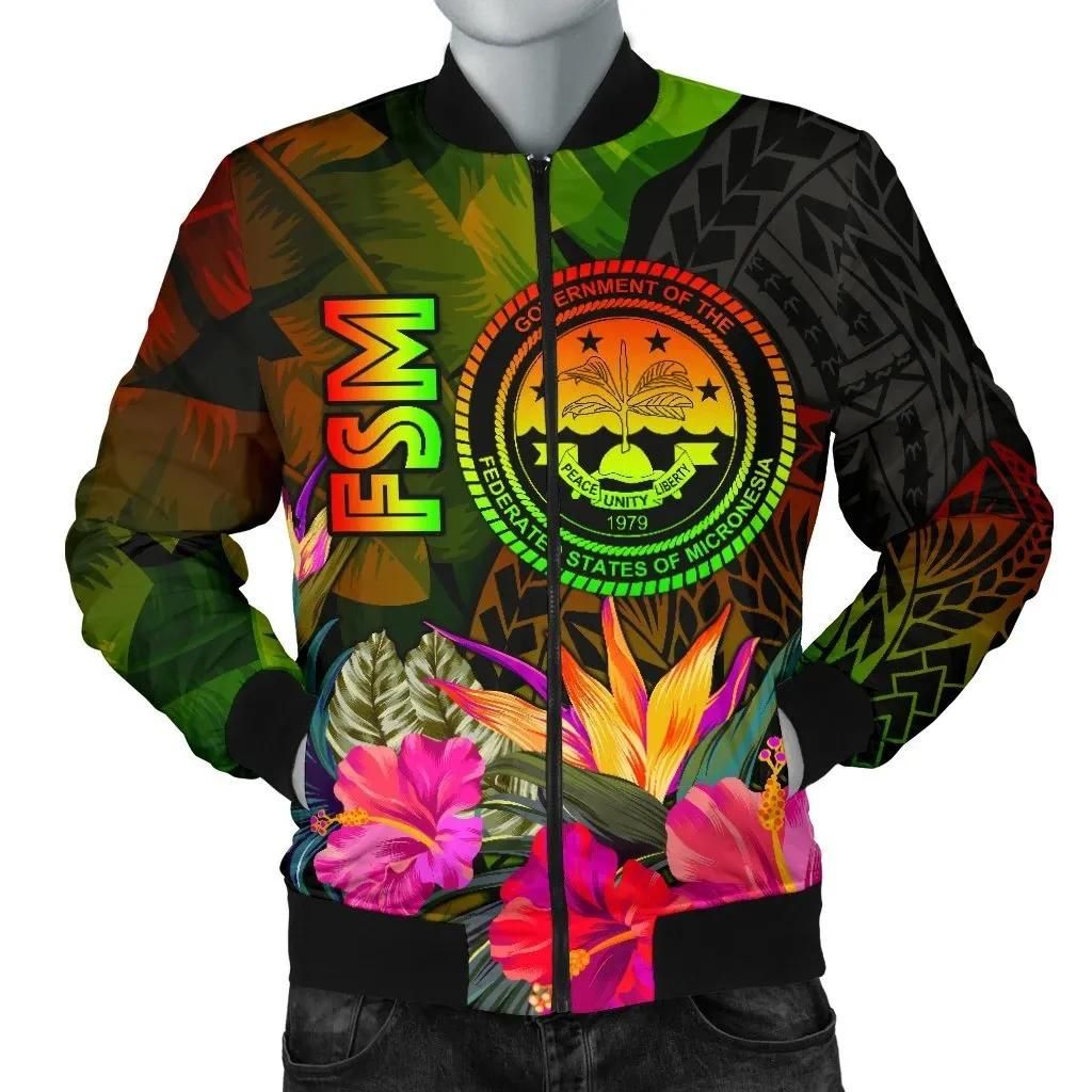 Federated States of Micronesia Polynesian Men's Bomber Jacket - Hibiscus and Banana Leaves - BN15 Bomber Jacket Federated States of Micronesia Polynesian Men's Bomber Jacket - Hibiscus and Banana Leaves - BN15 Bomber Jacket