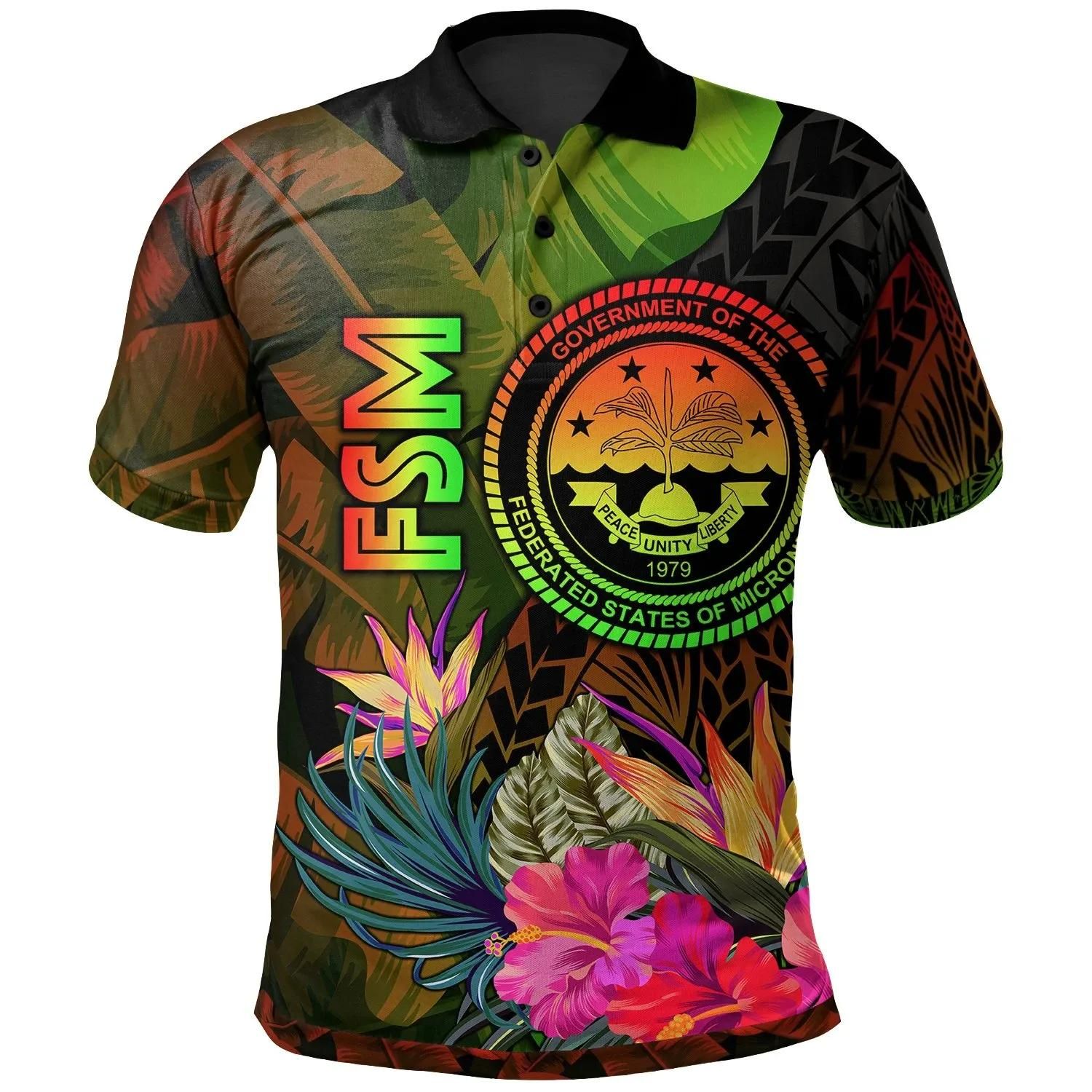 Federated States of Micronesia Polynesian Polo Shirt - Hibiscus and Banana Leaves - BN15 Federated States of Micronesia Polynesian Polo Shirt - Hibiscus and Banana Leaves - BN15