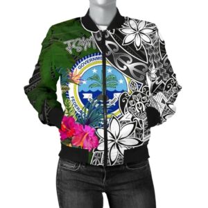 Federated States of Micronesia Women Bomber Jacket - Turtle Plumeria Banana Leaf - BN11 Bomber Jacket