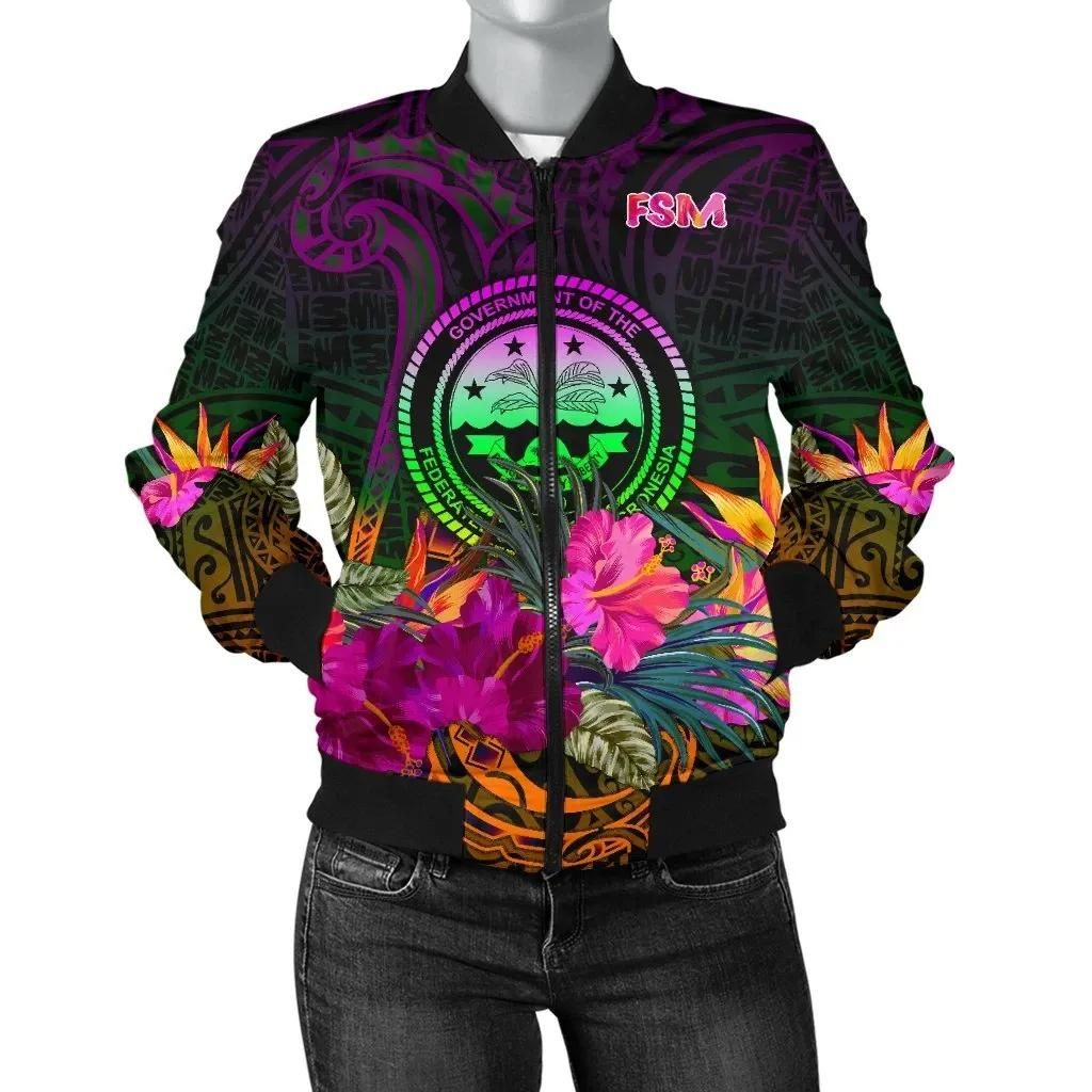Federated States of Micronesia Women's Bomber Jacket - Summer Hibiscus - BN15 Bomber Jacket Federated States of Micronesia Women's Bomber Jacket - Summer Hibiscus - BN15 Bomber Jacket