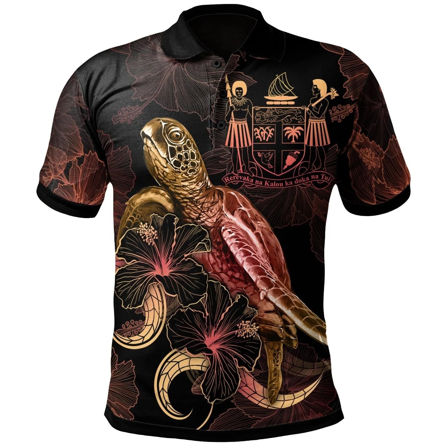 FiJi Polynesian Polo Shirt - Turtle With Blooming Hibiscus Gold - BN22 FiJi Polynesian Polo Shirt - Turtle With Blooming Hibiscus Gold - BN22