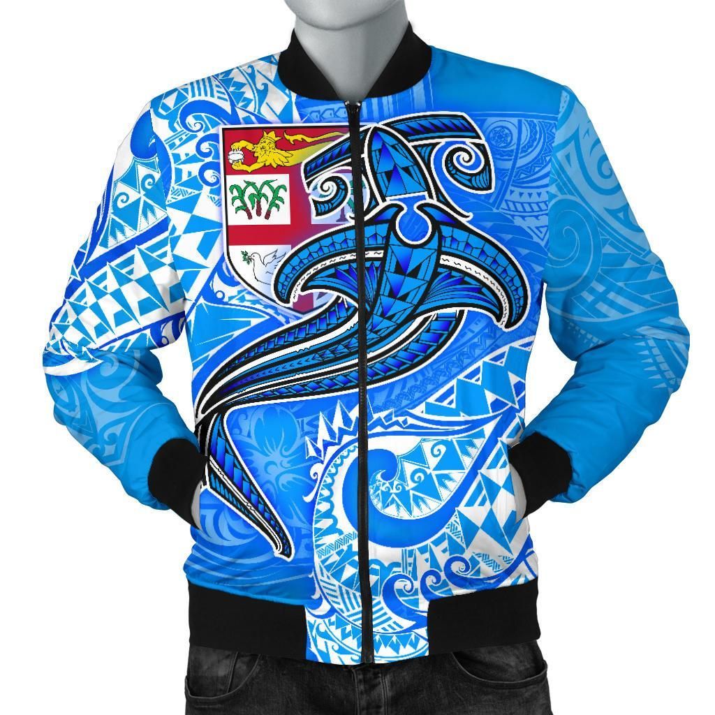 Fiji Men's Bomber Jacket - Blue Shark Polynesian Tattoo - BN18 Bomber Jacket Fiji Men's Bomber Jacket - Blue Shark Polynesian Tattoo - BN18 Bomber Jacket