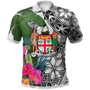 Fiji Polo Shirt White - Turtle Plumeria Banana Leaf Crest - BN11