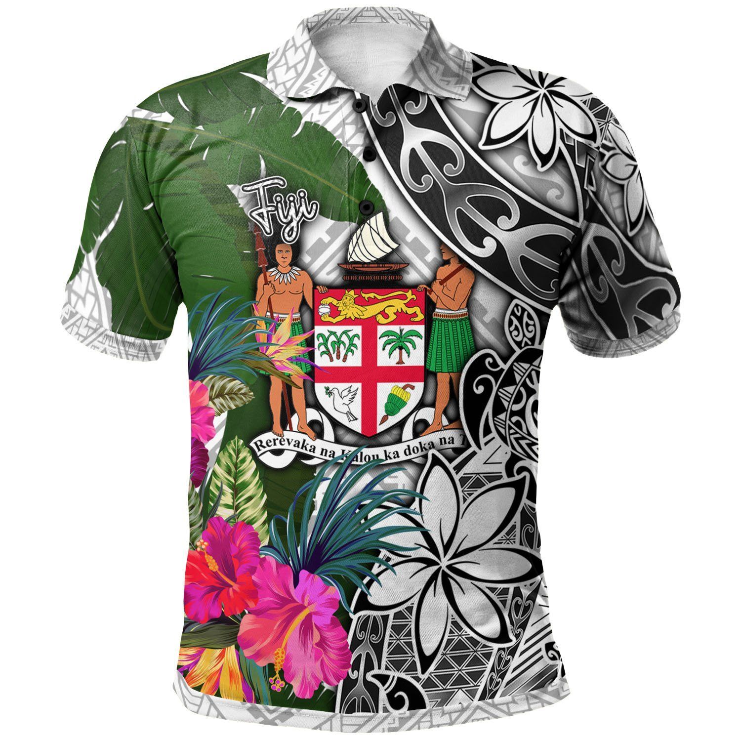 Fiji Polo Shirt White - Turtle Plumeria Banana Leaf Crest - BN11 Fiji Polo Shirt White - Turtle Plumeria Banana Leaf Crest - BN11
