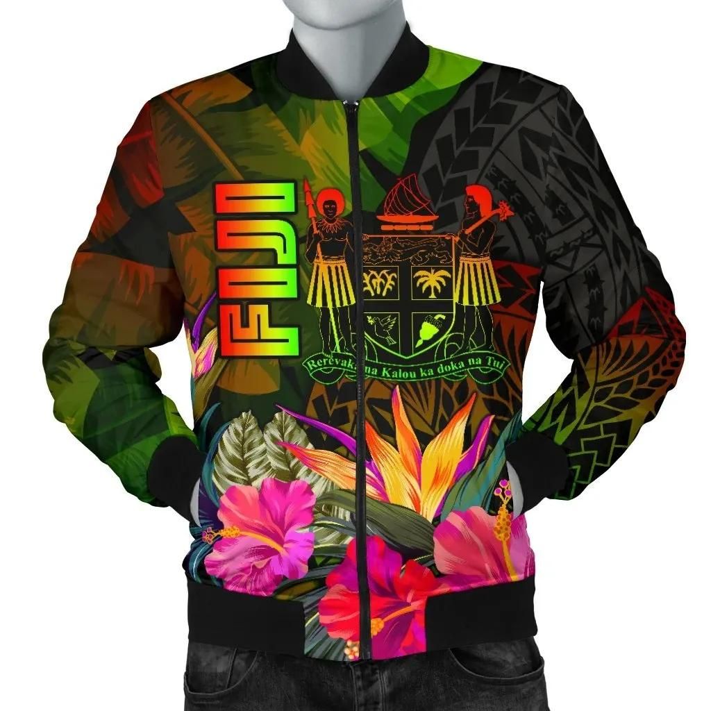 Fiji Polynesian Men's Bomber Jacket - Hibiscus and Banana Leaves - BN15 Bomber Jacket Fiji Polynesian Men's Bomber Jacket - Hibiscus and Banana Leaves - BN15 Bomber Jacket