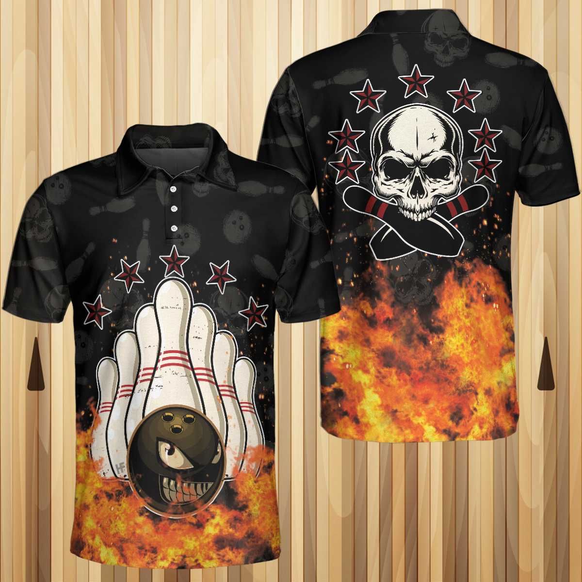 Flaming Bowling Skull Polo Shirt Flaming Bowling Skull Polo Shirt