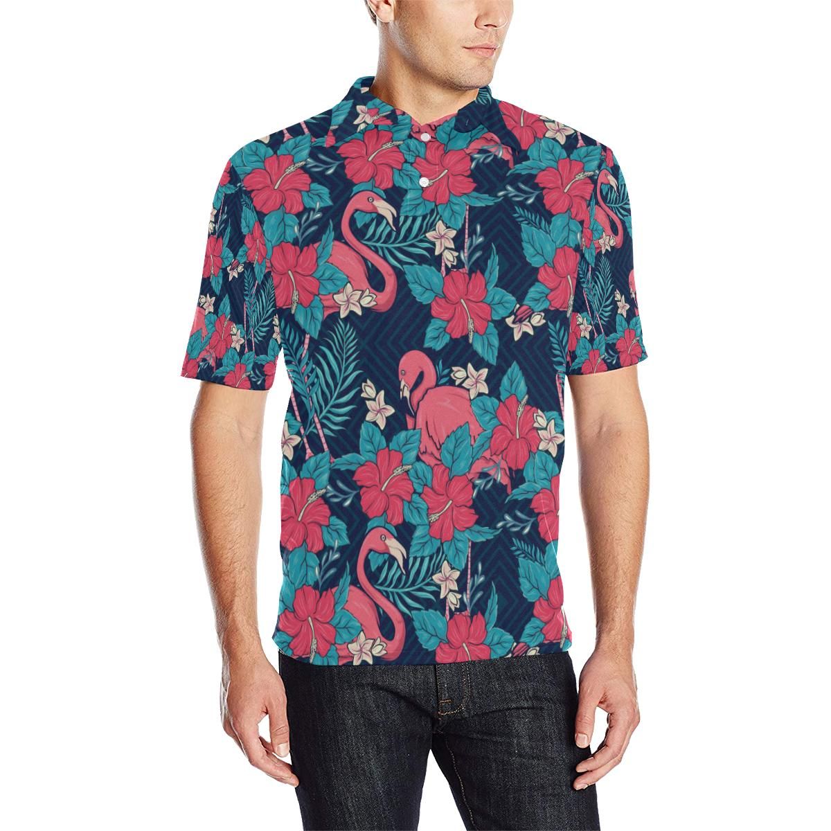 Flamingo Red Hibiscus Pattern Men Polo Shirt Flamingo Red Hibiscus Pattern Men Polo Shirt