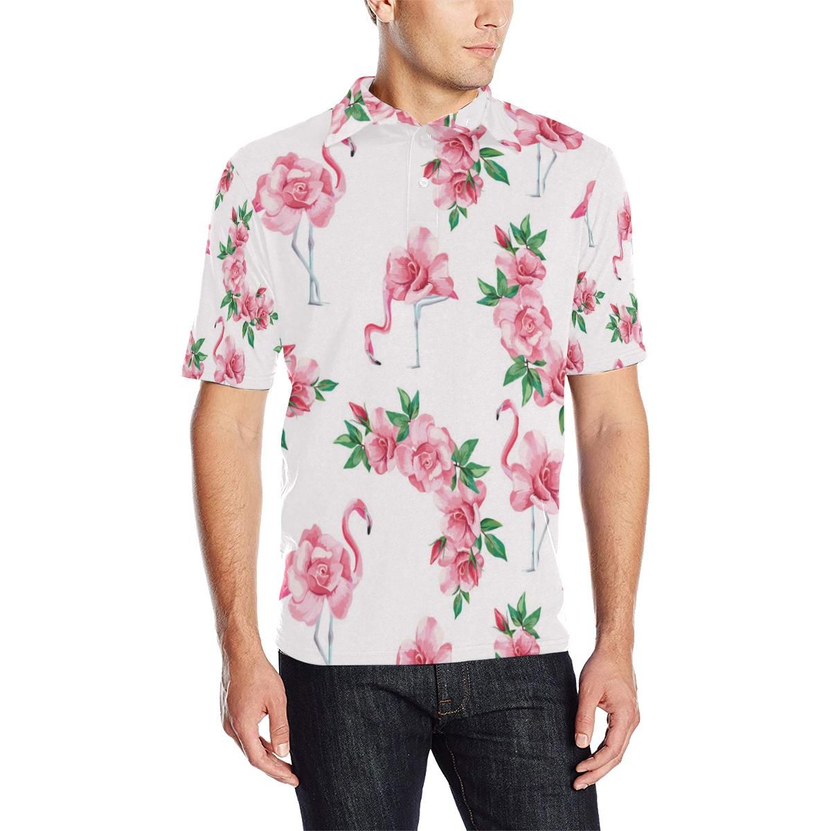 Flamingo Rose Pattern Men Polo Shirt Flamingo Rose Pattern Men Polo Shirt
