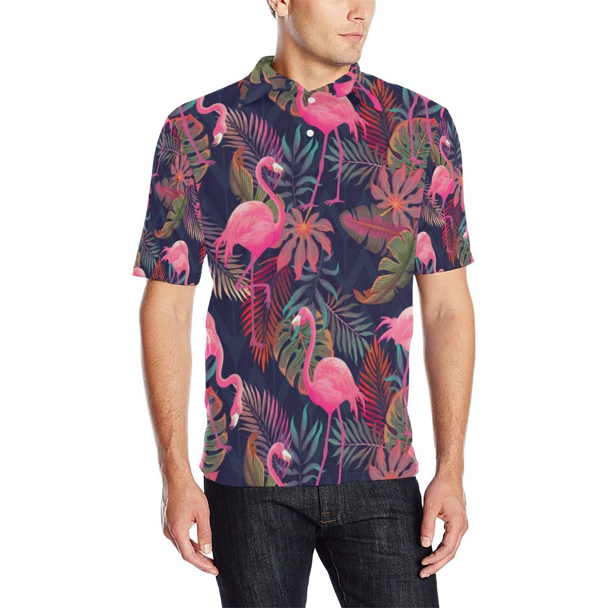 Flamingo Tropical Pattern Men Polo Shirt Flamingo Tropical Pattern Men Polo Shirt
