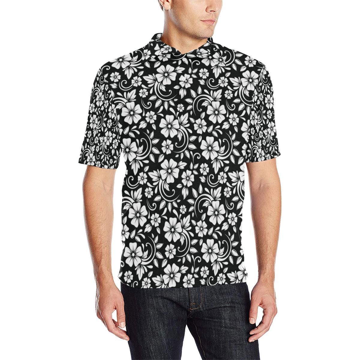 Floral Black White Themed Print Men Polo Shirt Floral Black White Themed Print Men Polo Shirt