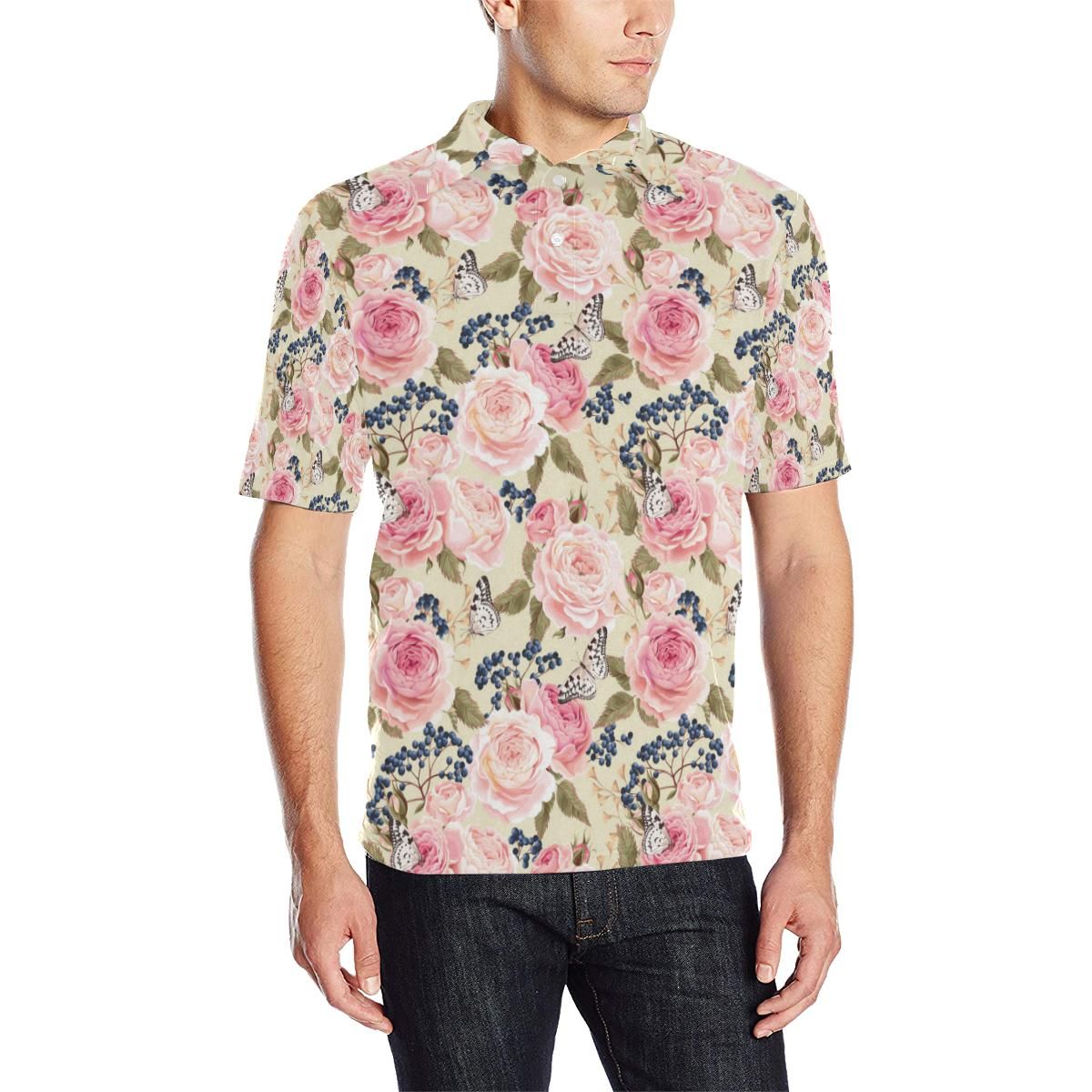 Floral Pink Butterfly Print Men Polo Shirt Floral Pink Butterfly Print Men Polo Shirt