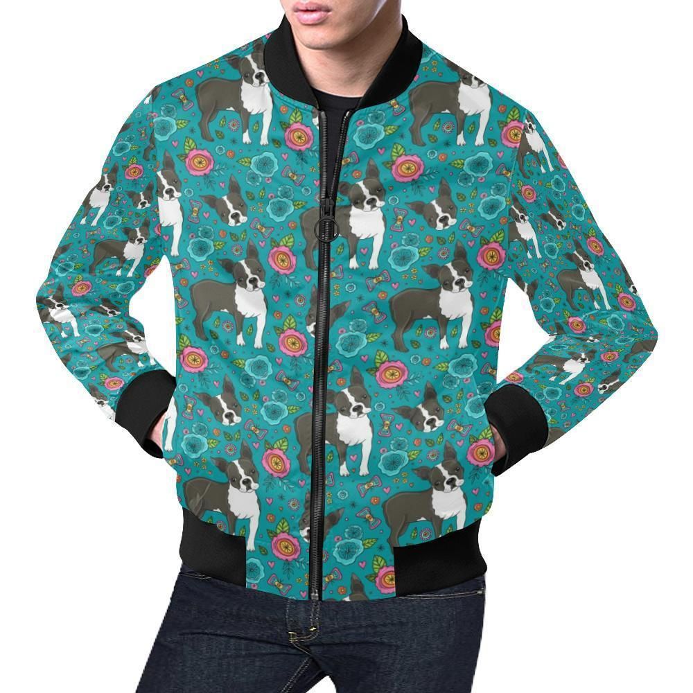 Flower Boston Terrier Pattern Print Mens Bomber Jacket Flower Boston Terrier Pattern Print Mens Bomber Jacket
