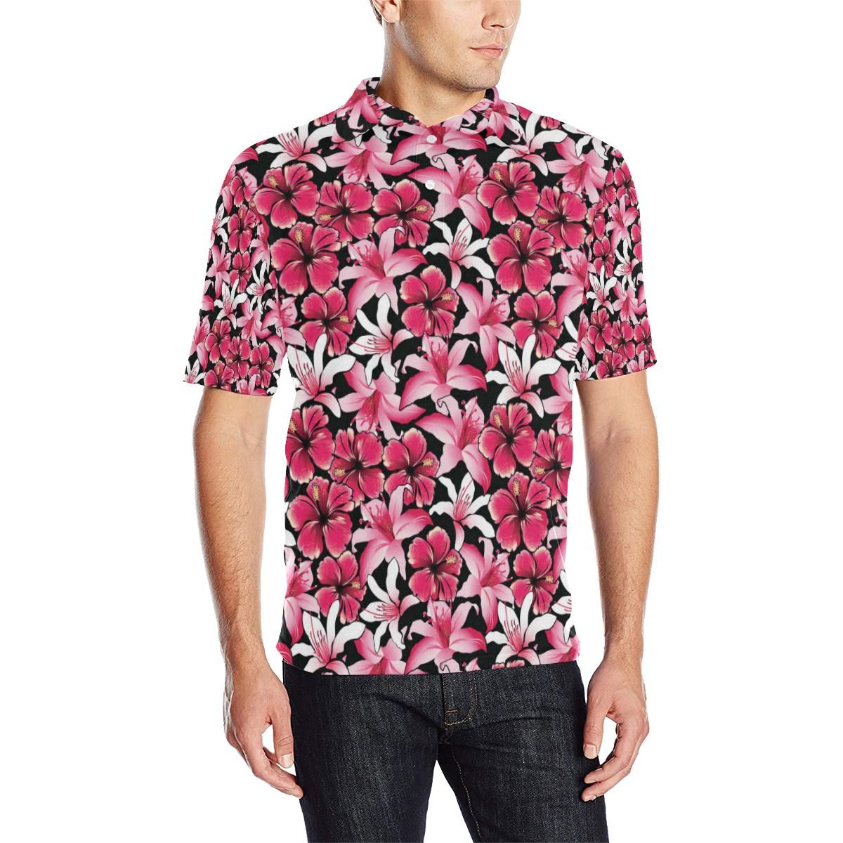 Flower Hawaiian Pink Red Hibiscus Print Men Polo Shirt Flower Hawaiian Pink Red Hibiscus Print Men Polo Shirt
