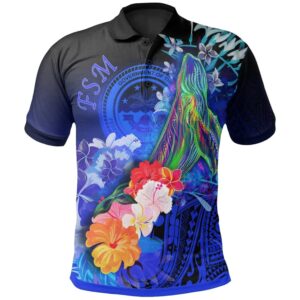 Fsm Polo Shirt - Humpback Whale with Tropical Flowers (Blue)- BN18