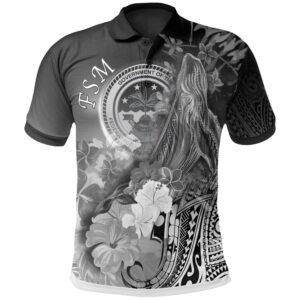 Fsm Polo Shirt - Humpback Whale with Tropical Flowers (White) - BN18