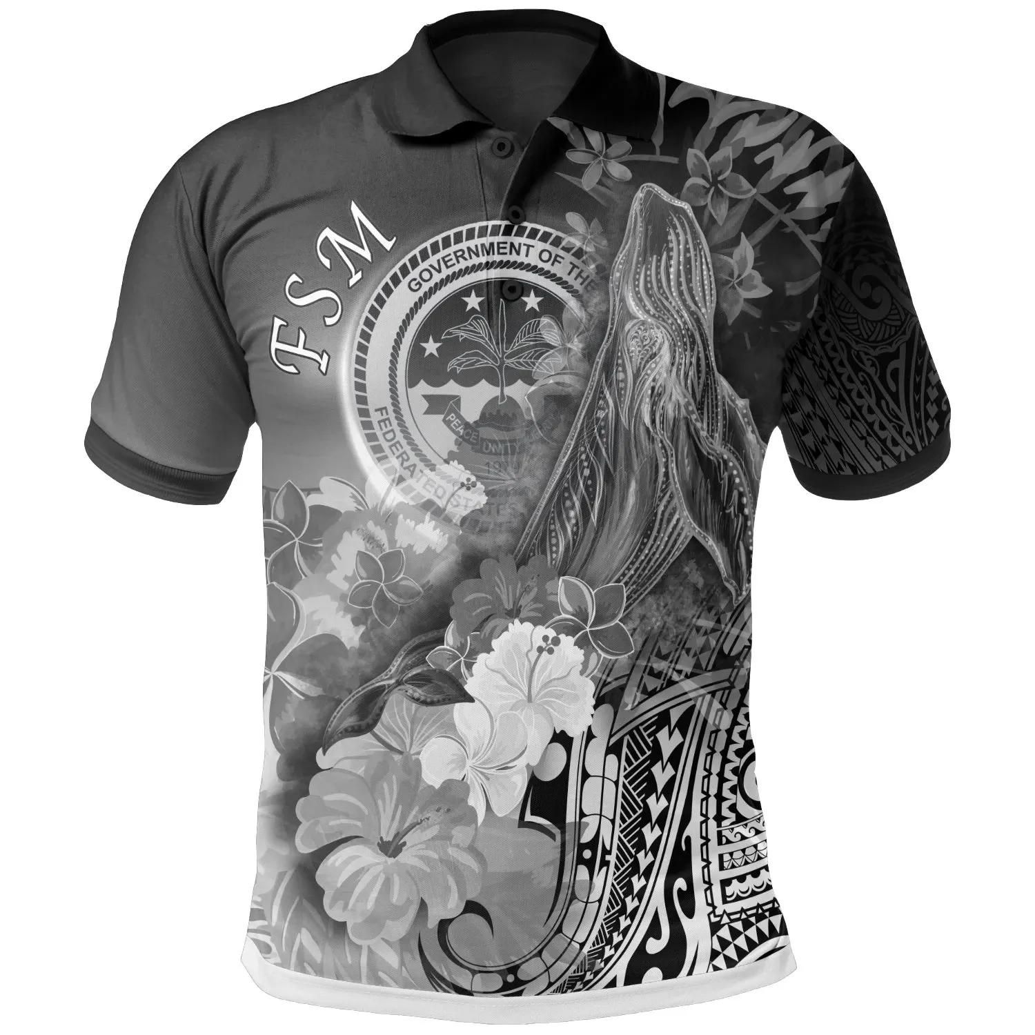 Fsm Polo Shirt - Humpback Whale with Tropical Flowers (White) - BN18 Fsm Polo Shirt - Humpback Whale with Tropical Flowers (White) - BN18