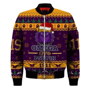Getteestore Jacket - Omega Psi Phi Bulldog Christmas Sleeve Zip Bomber Jacket A31 Bomber Jacket