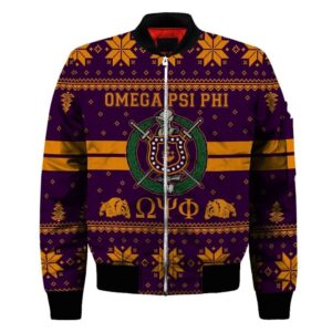 Getteestore Jacket - Omega Psi Phi Shield Christmas Sleeve Zip Bomber Jacket A31 Bomber Jacket