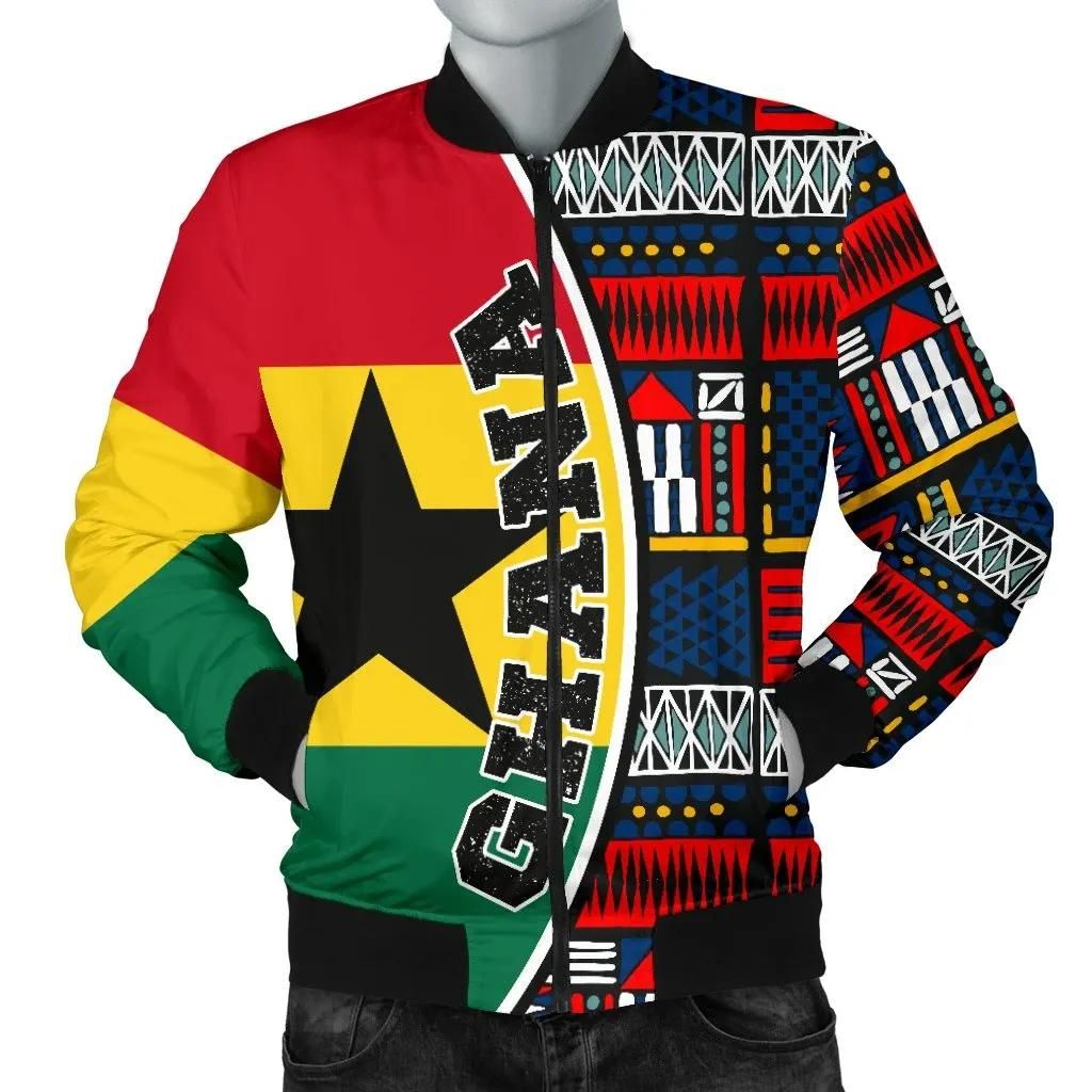 Ghana Men's Bomber Jacket - Flag & Kente Pattern Special A25 Bomber Jacket Ghana Men's Bomber Jacket - Flag & Kente Pattern Special A25 Bomber Jacket