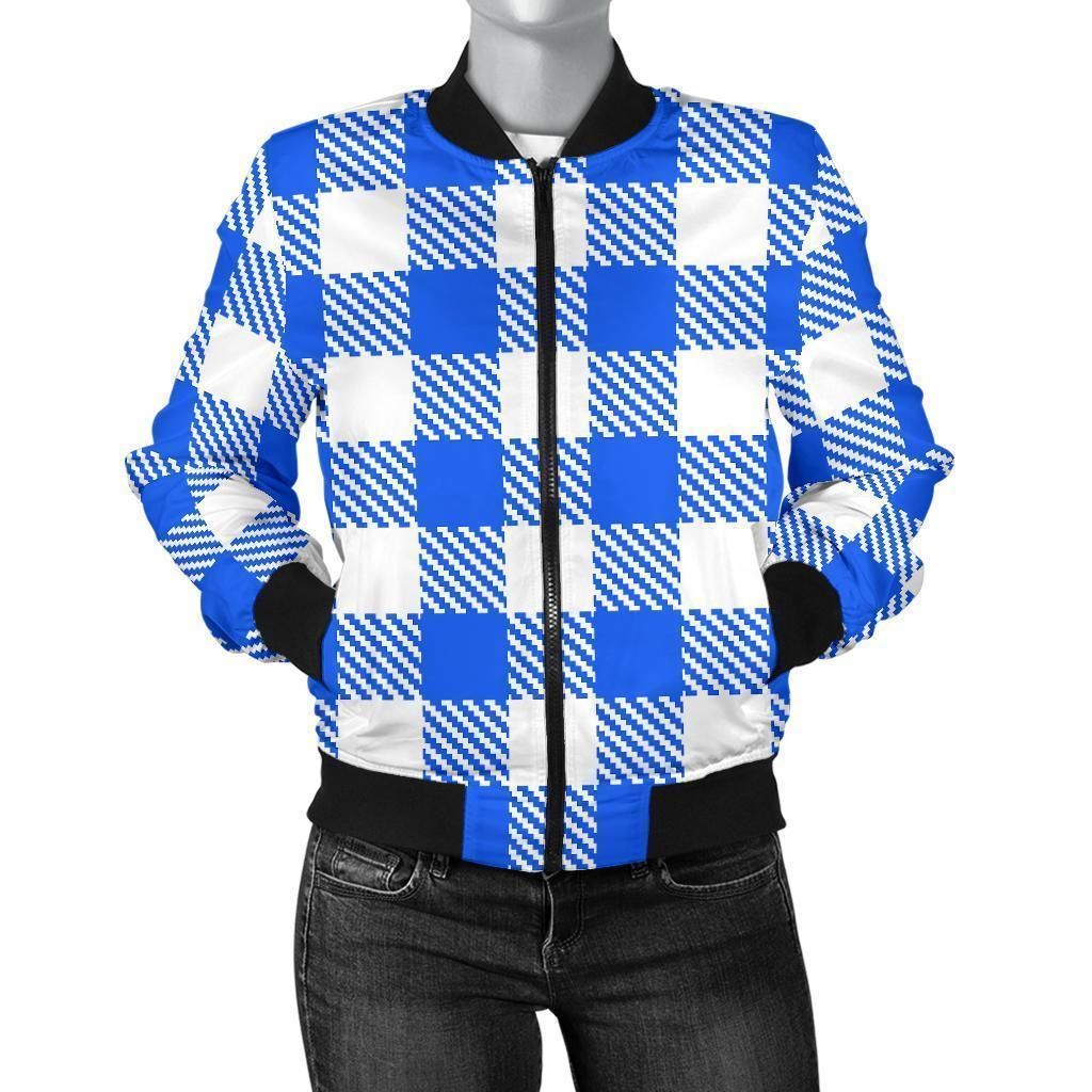 Gingham-Blue-Pattern-Print-Women-Casual-Bomber-Jacket-1