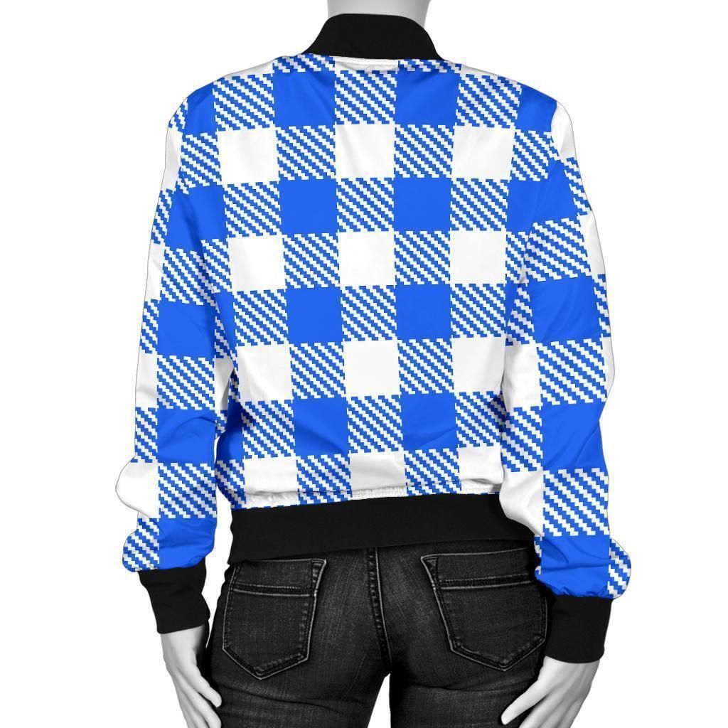 Gingham-Blue-Pattern-Print-Women-Casual-Bomber-Jacket-2