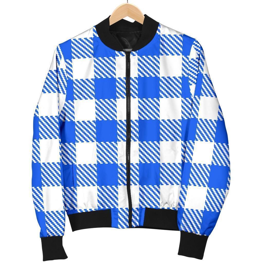 Gingham Blue Pattern Print Women Casual Bomber Jacket Gingham Blue Pattern Print Women Casual Bomber Jacket
