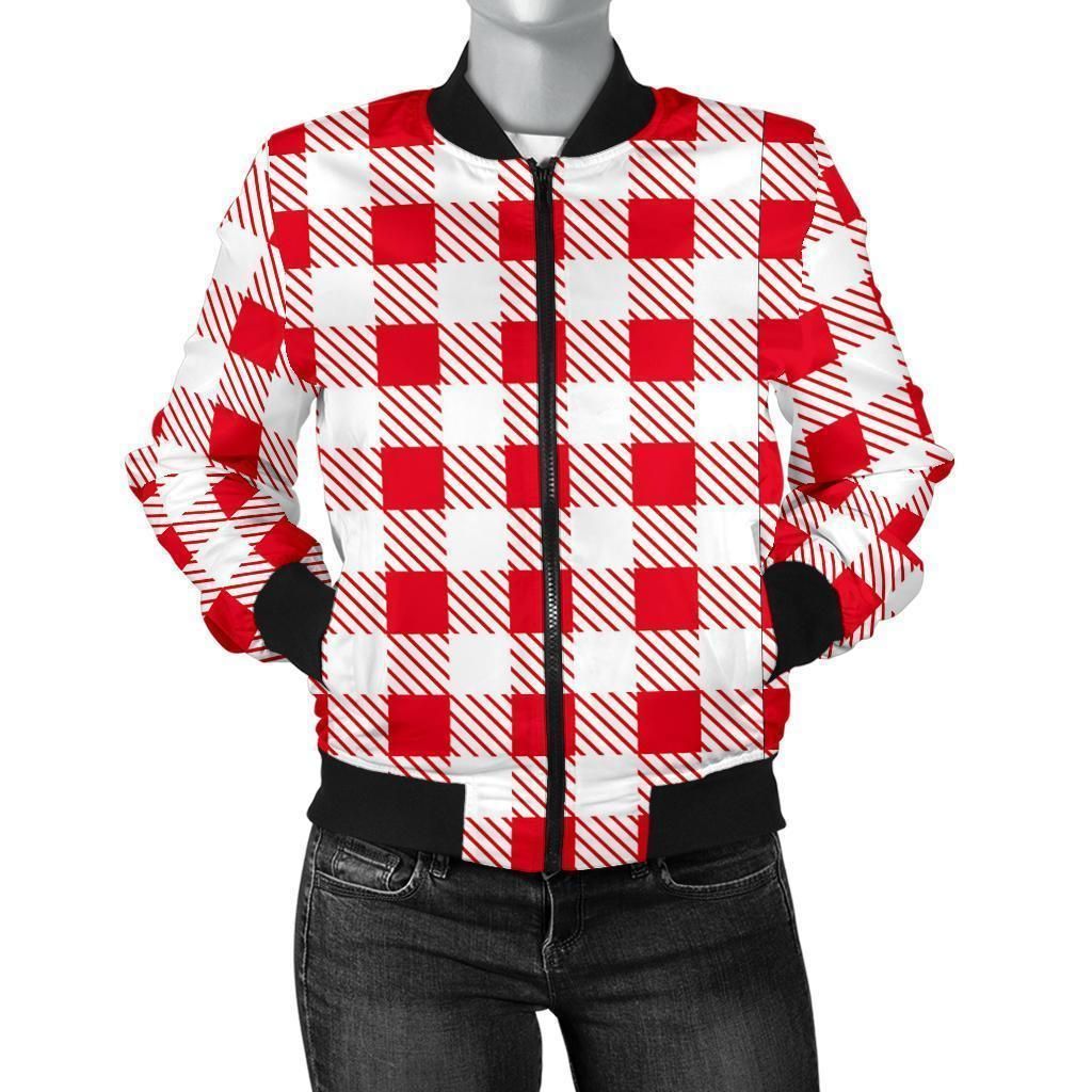 Gingham-Red-Pattern-Print-Women-Casual-Bomber-Jacket-1