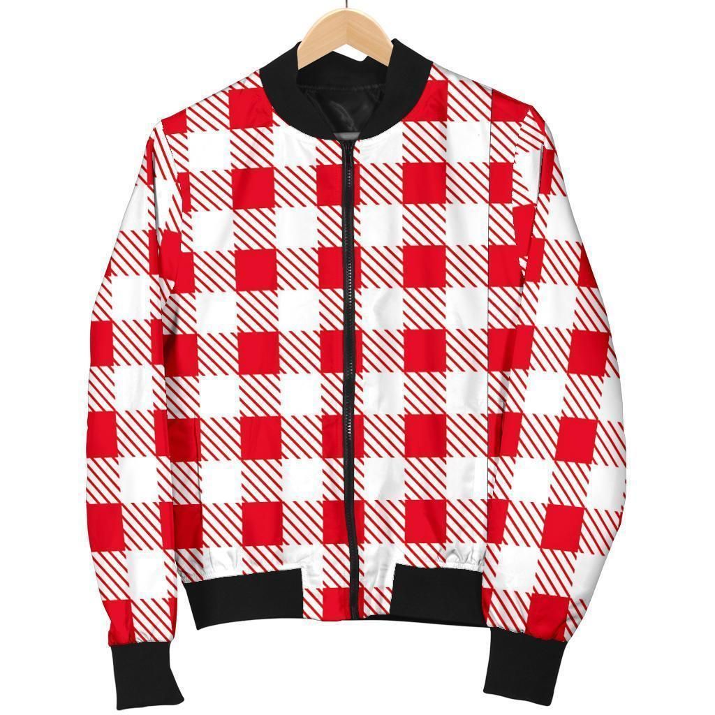 Gingham Red Pattern Print Women Casual Bomber Jacket Gingham Red Pattern Print Women Casual Bomber Jacket