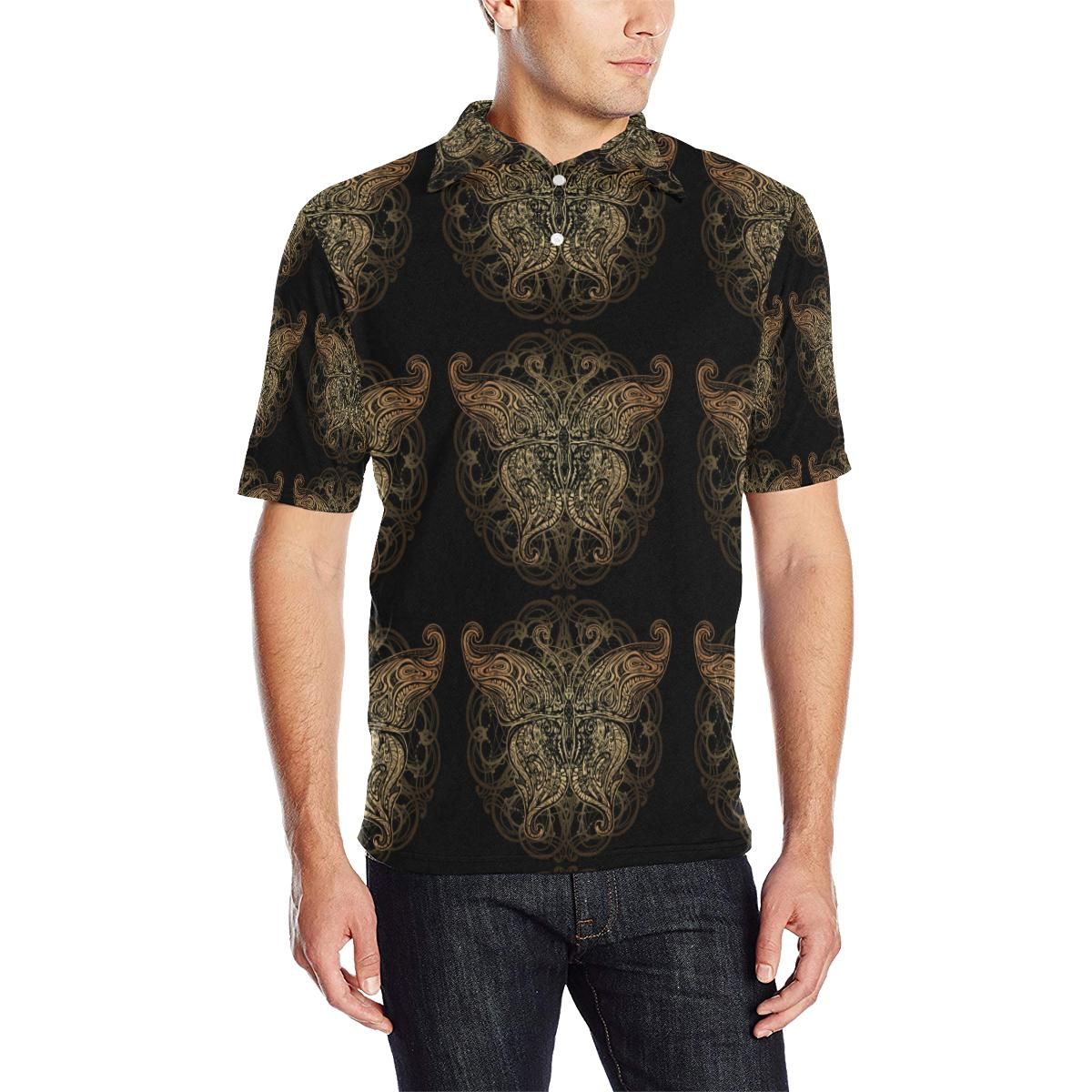 Gold Butterfly Ornamental Men Polo Shirt Gold Butterfly Ornamental Men Polo Shirt