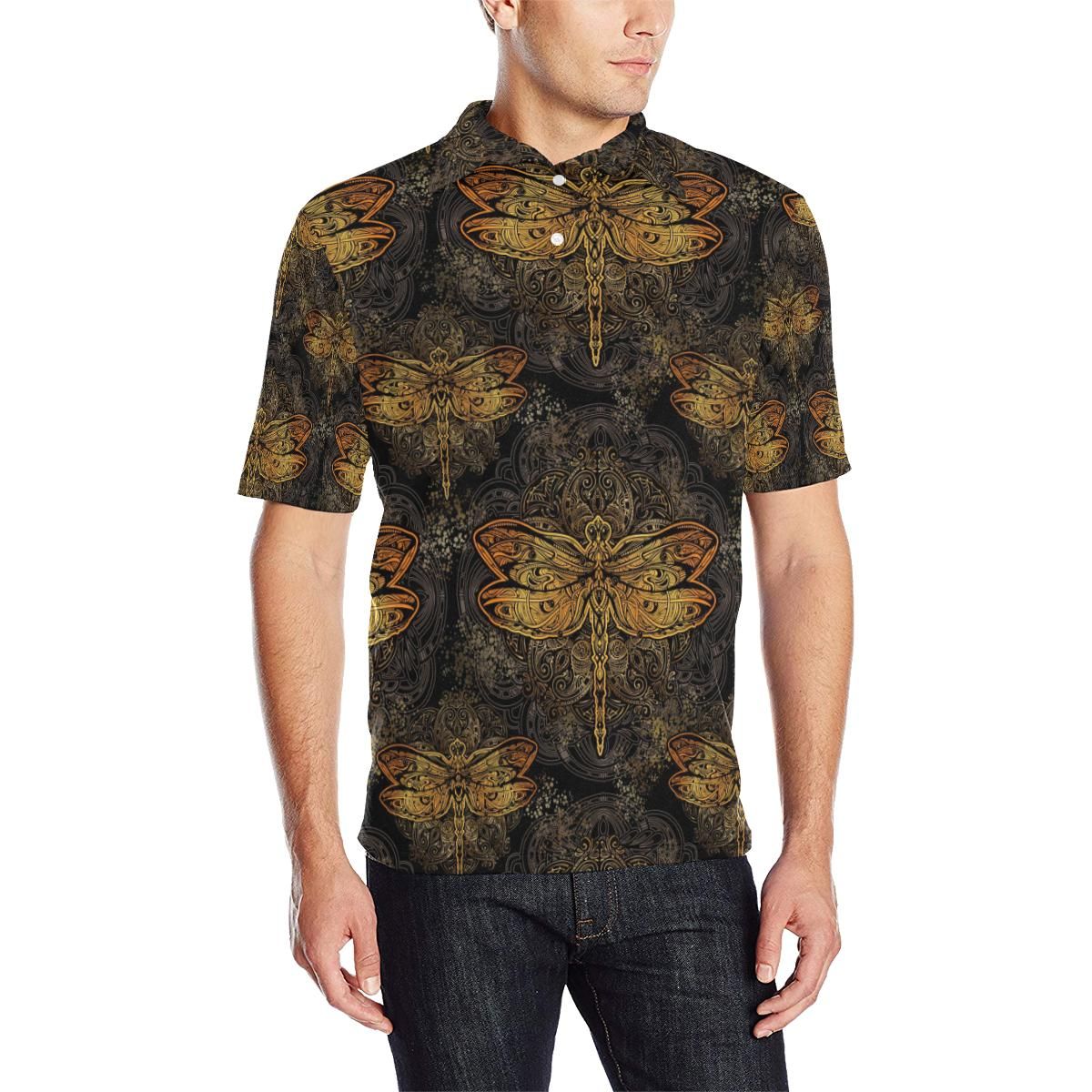 Gold Dragonfly Mandala Men Polo Shirt Gold Dragonfly Mandala Men Polo Shirt
